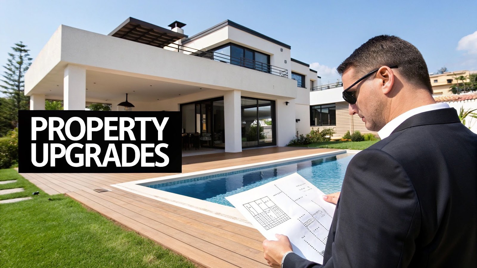 A man in a suit and sunglasses reviews blueprints by a modern luxury home with a pool, symbolizing property upgrades.