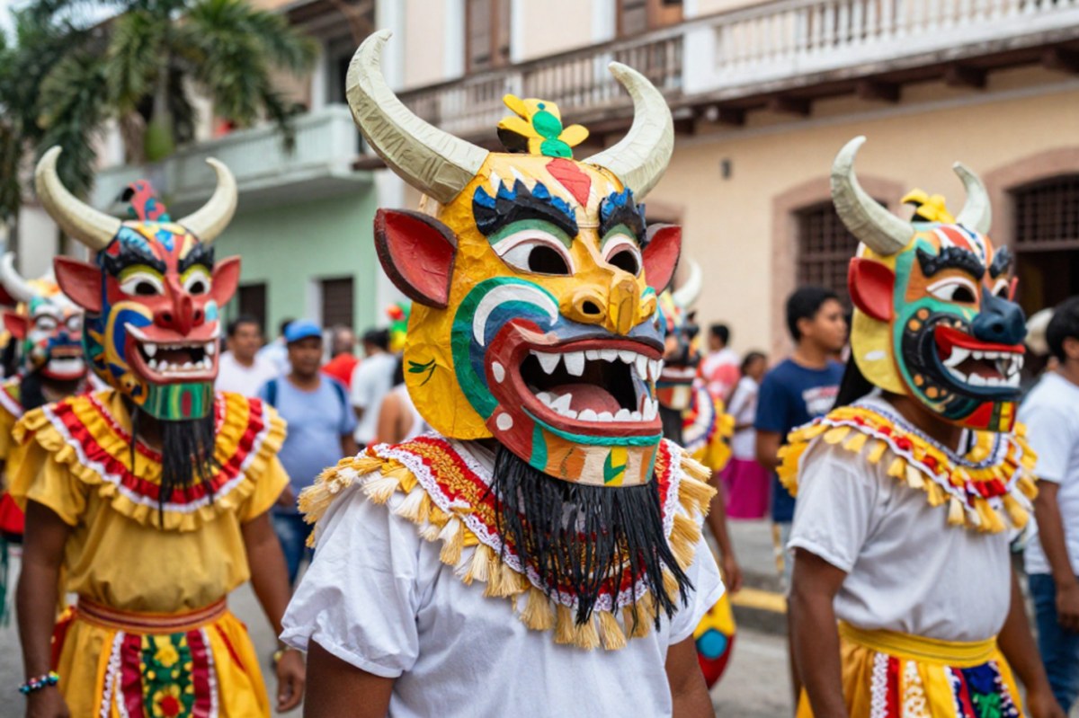 Colorful papier-mâché vejigante masks during Carnaval Ponceño