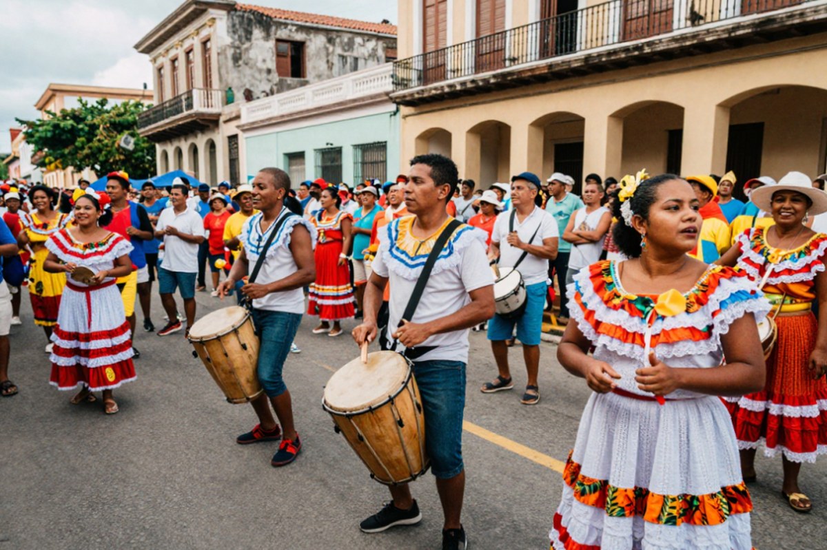 Comparsa dancers and musicians performing during Carnaval Ponceño