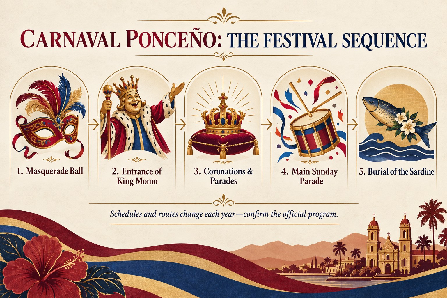 Carnaval Ponceño festival sequence from masquerade ball to Burial of the Sardine
