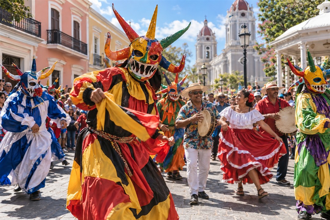Carnaval Ponceño vejigantes, dancers, and musicians parading through historic Ponce