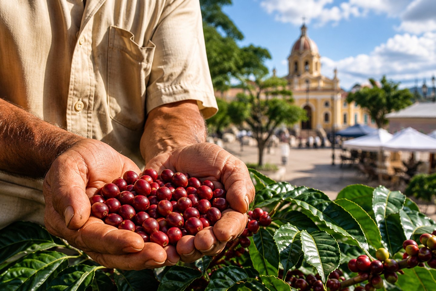 Coffee farmer holding ripe coffee cherries near Yauco town plaza