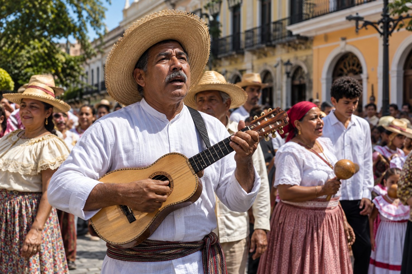 Traditional trovadores performing Puerto Rican music during Yauco coffee festival celebrations