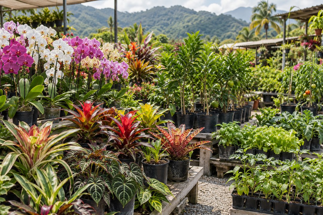 Orchids, bromeliads, fruit trees, and nursery plants displayed for festival visitors