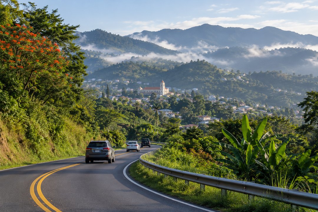 A winding mountain road approaching green hills near Aibonito, Puerto Rico