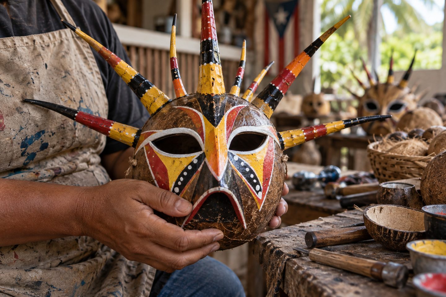 Traditional coconut-shell vejigante mask handcrafted in Loíza, Puerto Rico
