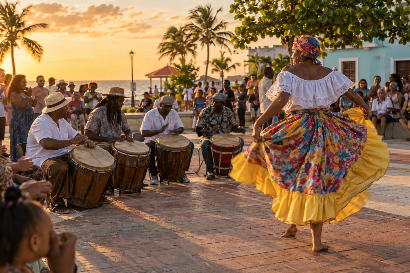 Bomba dancers and drummers performing at sunset in Loíza, Puerto Rico