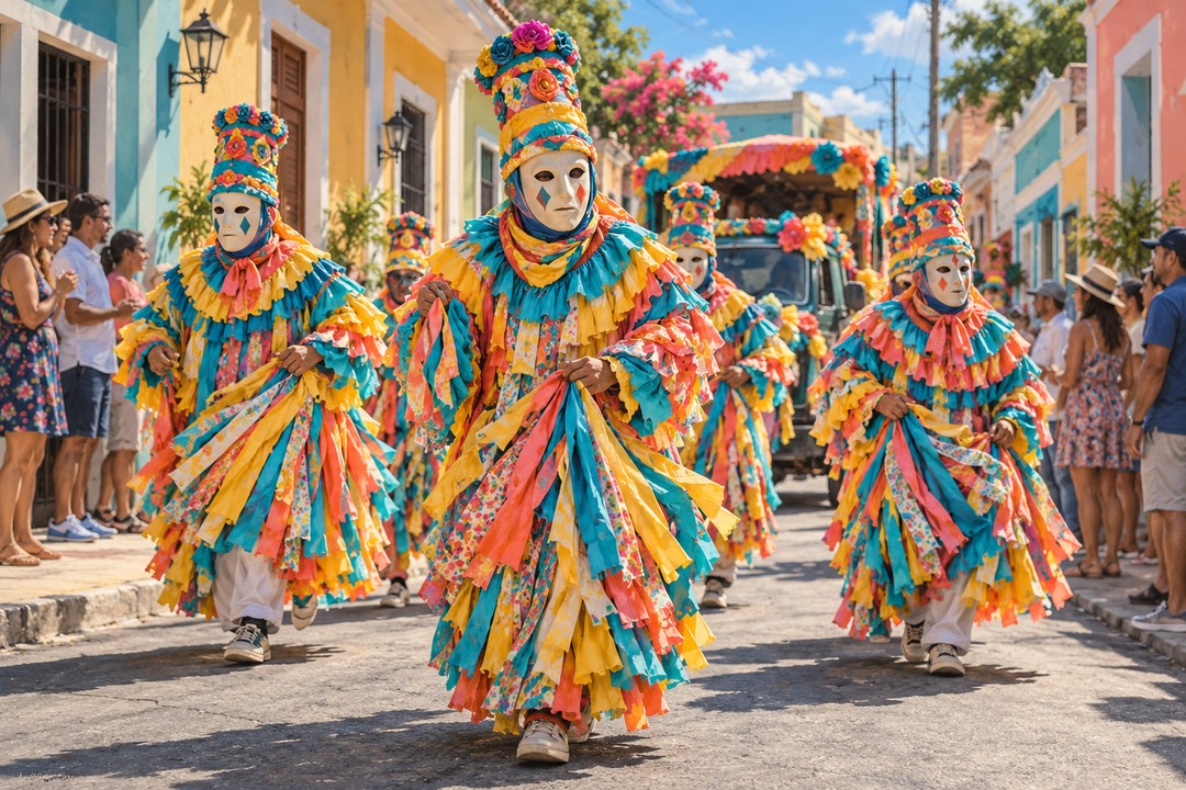 AI illustration of masked Hatillo festival groups in colorful costumes beside a decorated vehicle