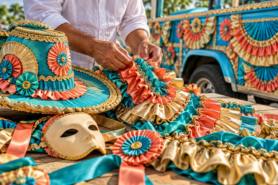 AI illustration of ruffled costumes, a mask and coordinated Hatillo festival decorations