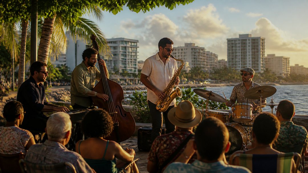 Illustration of a jazz quartet performing beside the Condado waterfront at sunset