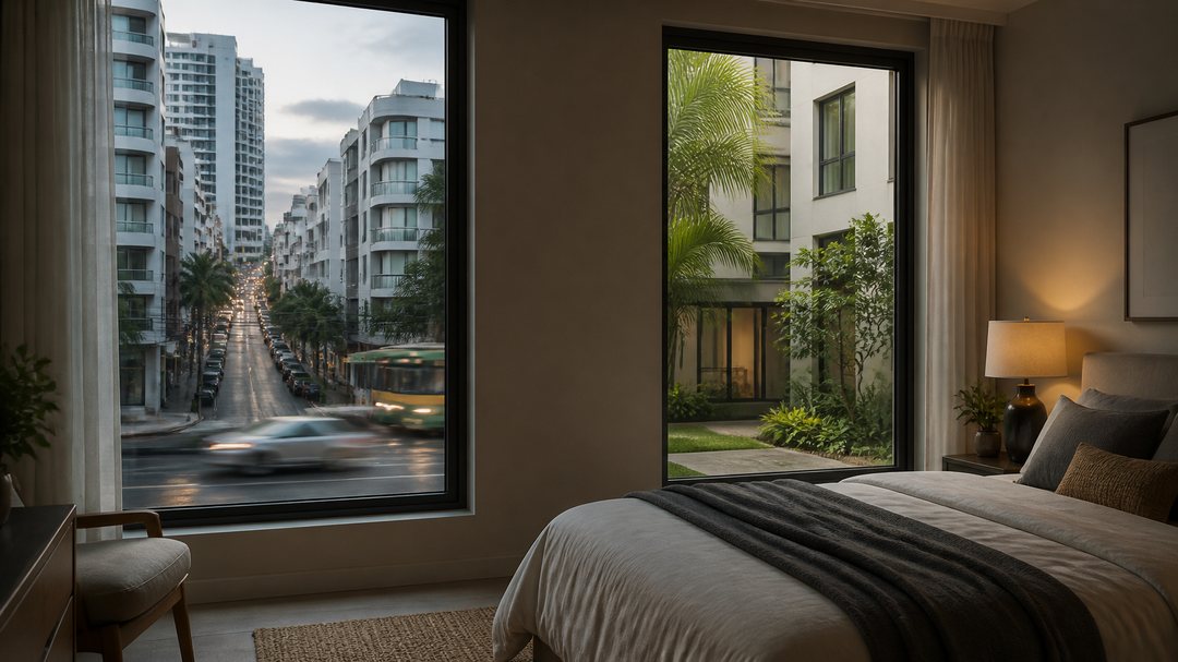 Illustration comparing a street-facing bedroom view with a quieter courtyard-facing view