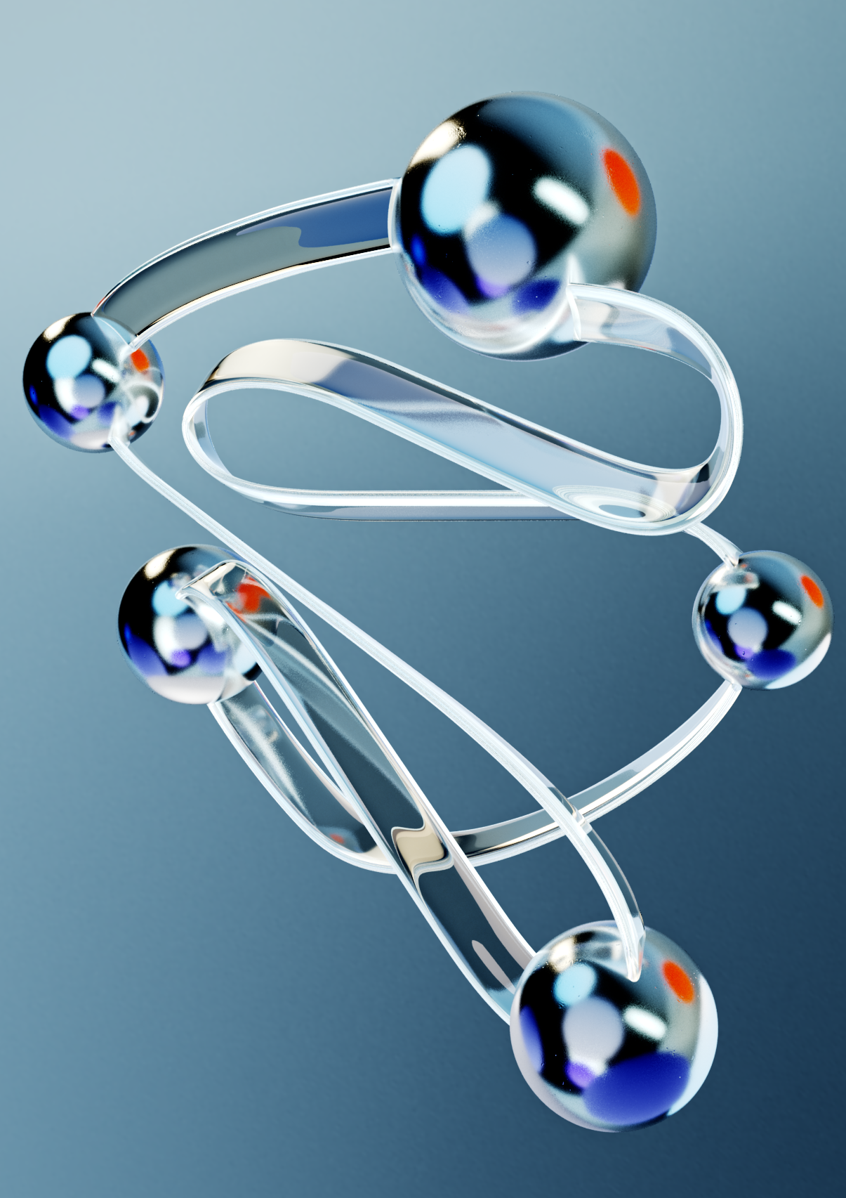 Abstract 3D rendering of five shiny reflective spheres connected by translucent curved tubes on a blue-gray background.