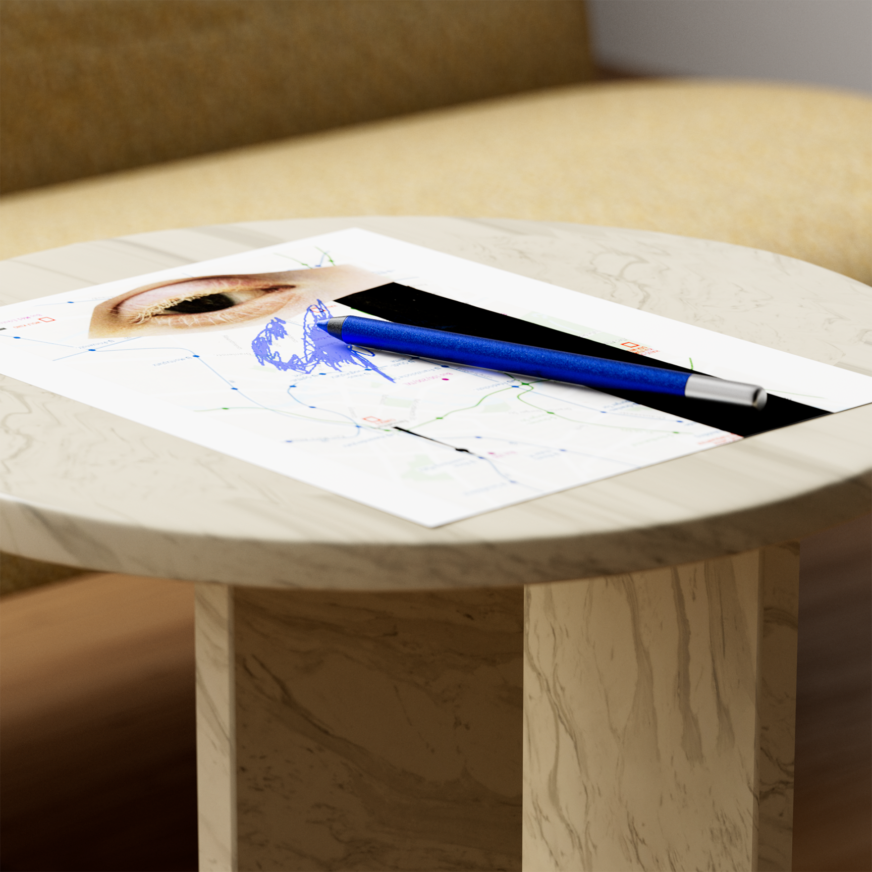 Blue pen resting on a printed map with an eye image, placed on a round marble table in front of a beige sofa.