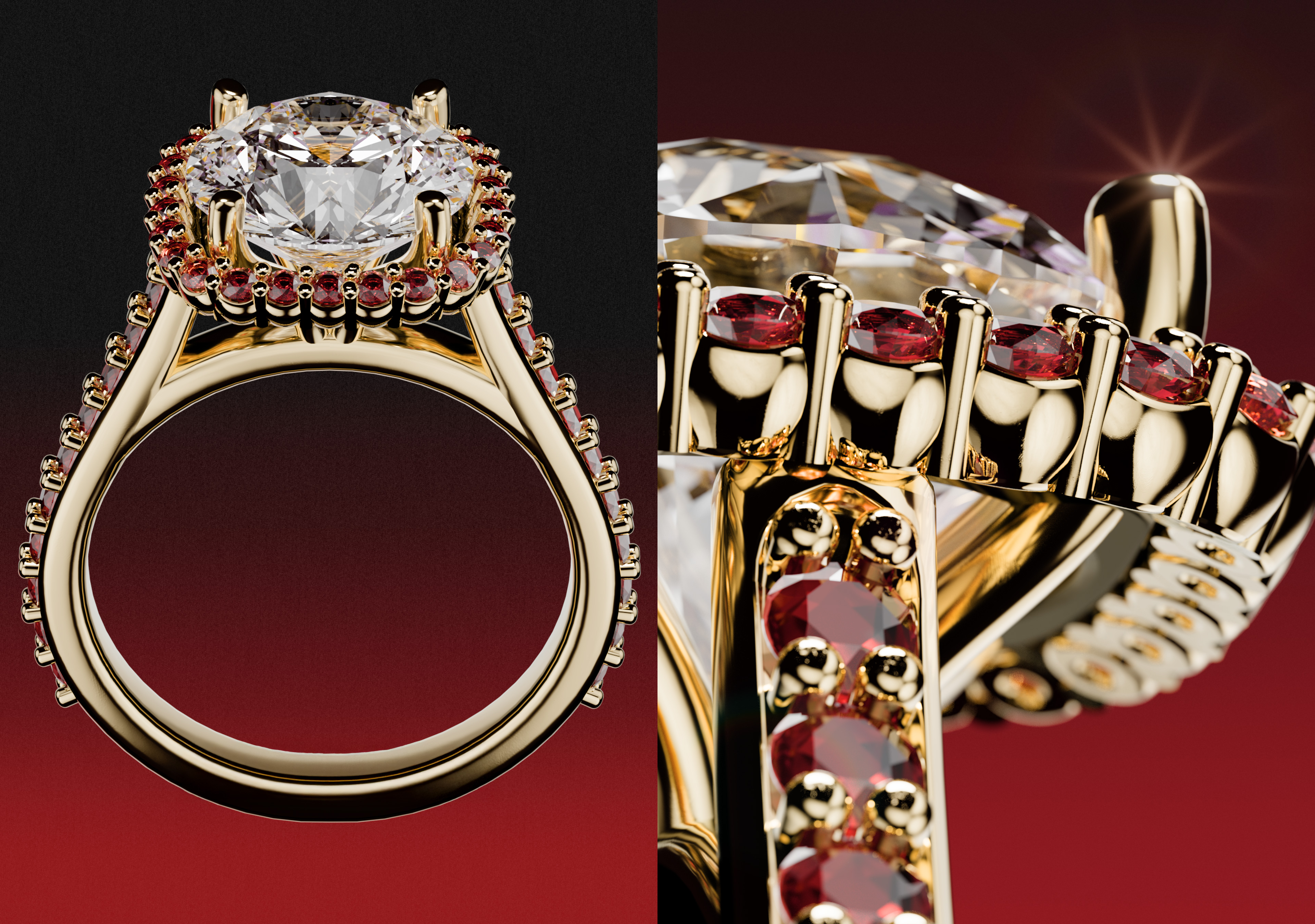 Gold ring featuring a large round clear diamond center stone surrounded by small red gemstones on the band and halo setting against a dark red and black gradient background.