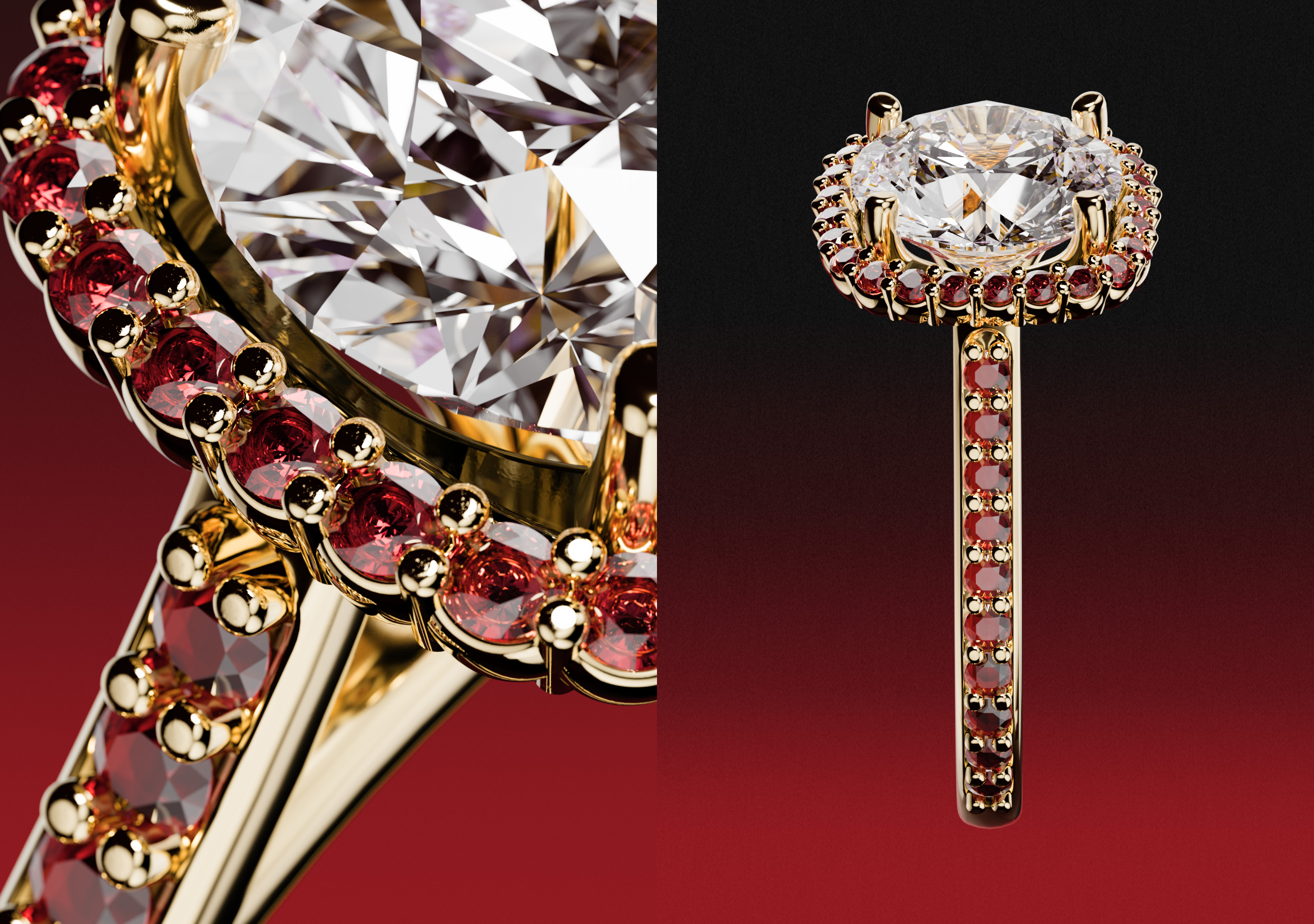 Gold ring with a large central diamond surrounded by smaller red gemstones on the band and around the central stone.