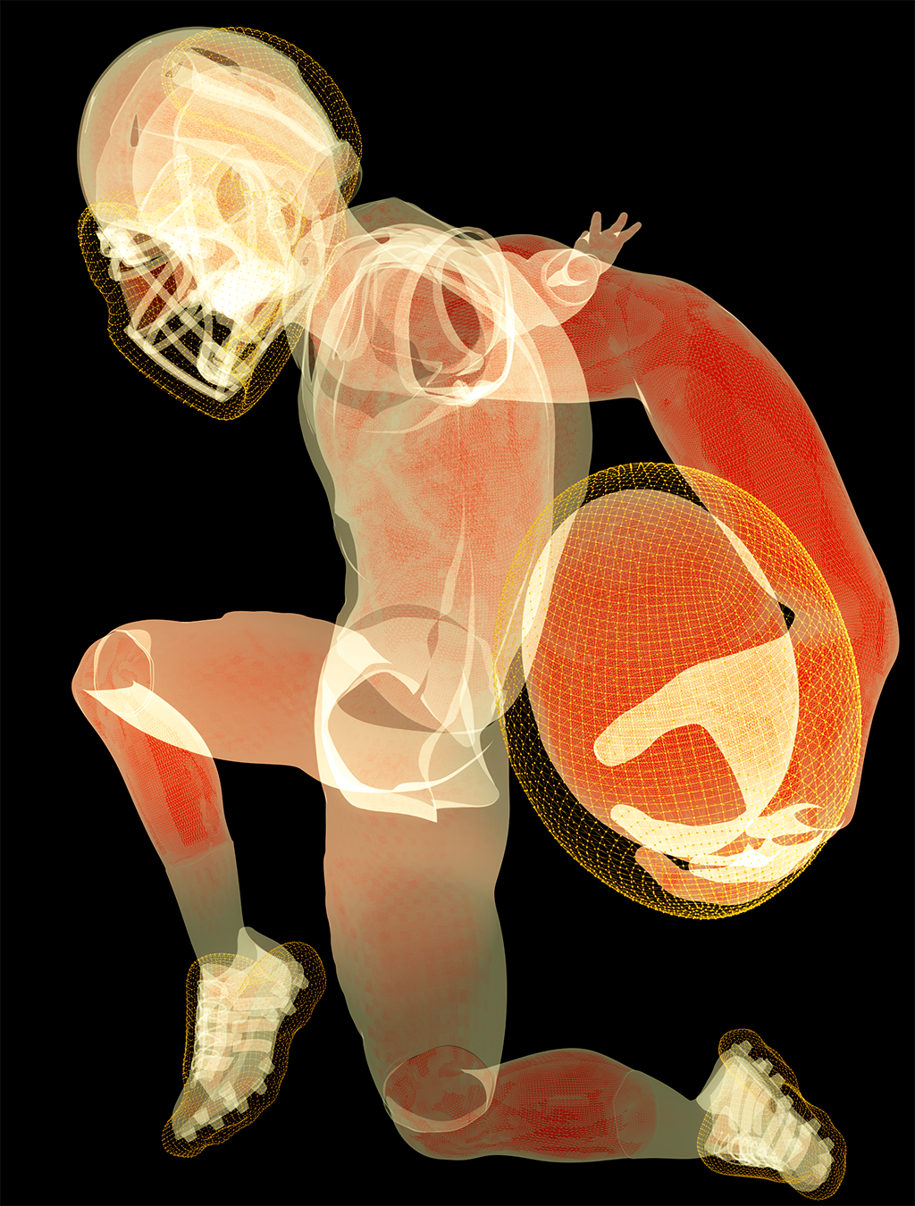 Transparent anatomical illustration of upper body showing skull, ribcage, and arm with a highlighted white hand inside the red torso.