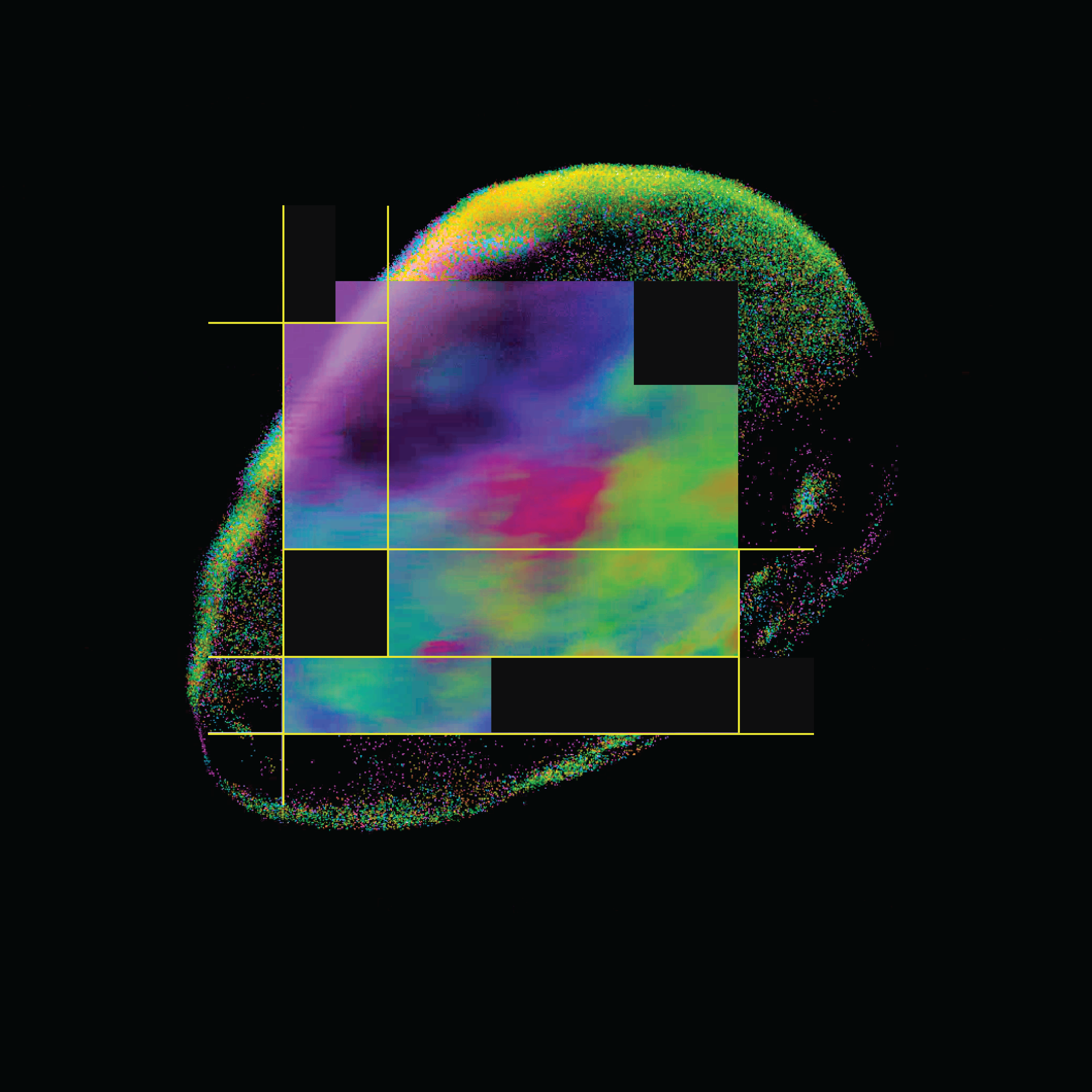 Abstract colorful cloud-like shape with a grid of yellow lines and black squares overlaying it on a black background.