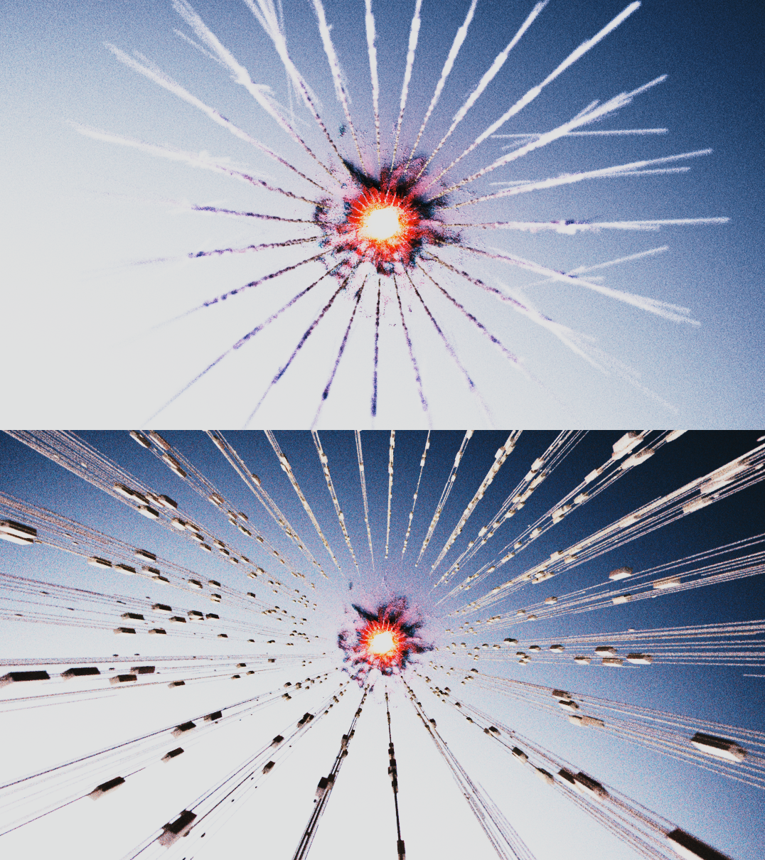 Two views of a central glowing light with radiating lines and small rectangular attachments against a clear sky.