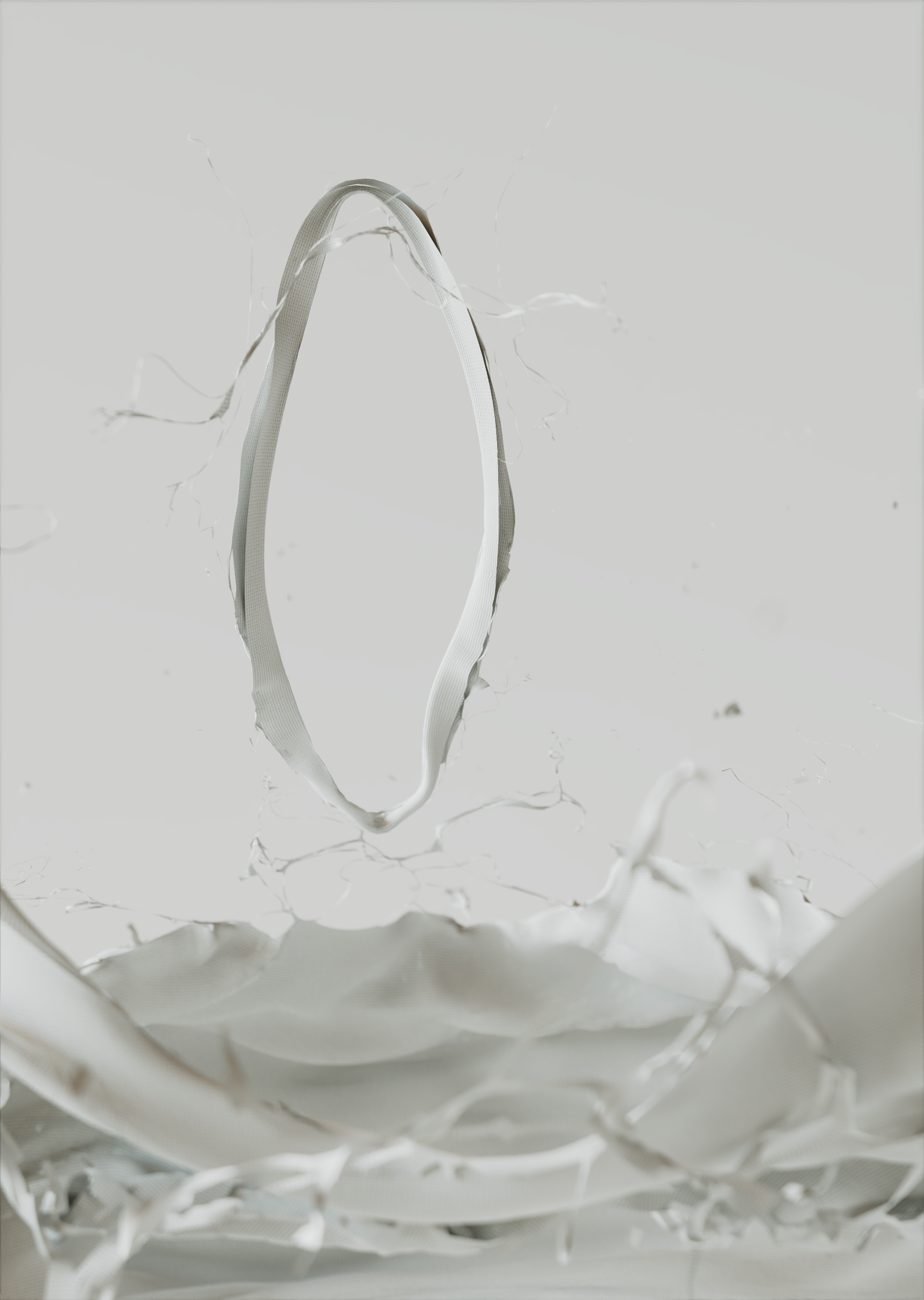 Close-up of a tear in a light fabric with frayed edges against a neutral background.