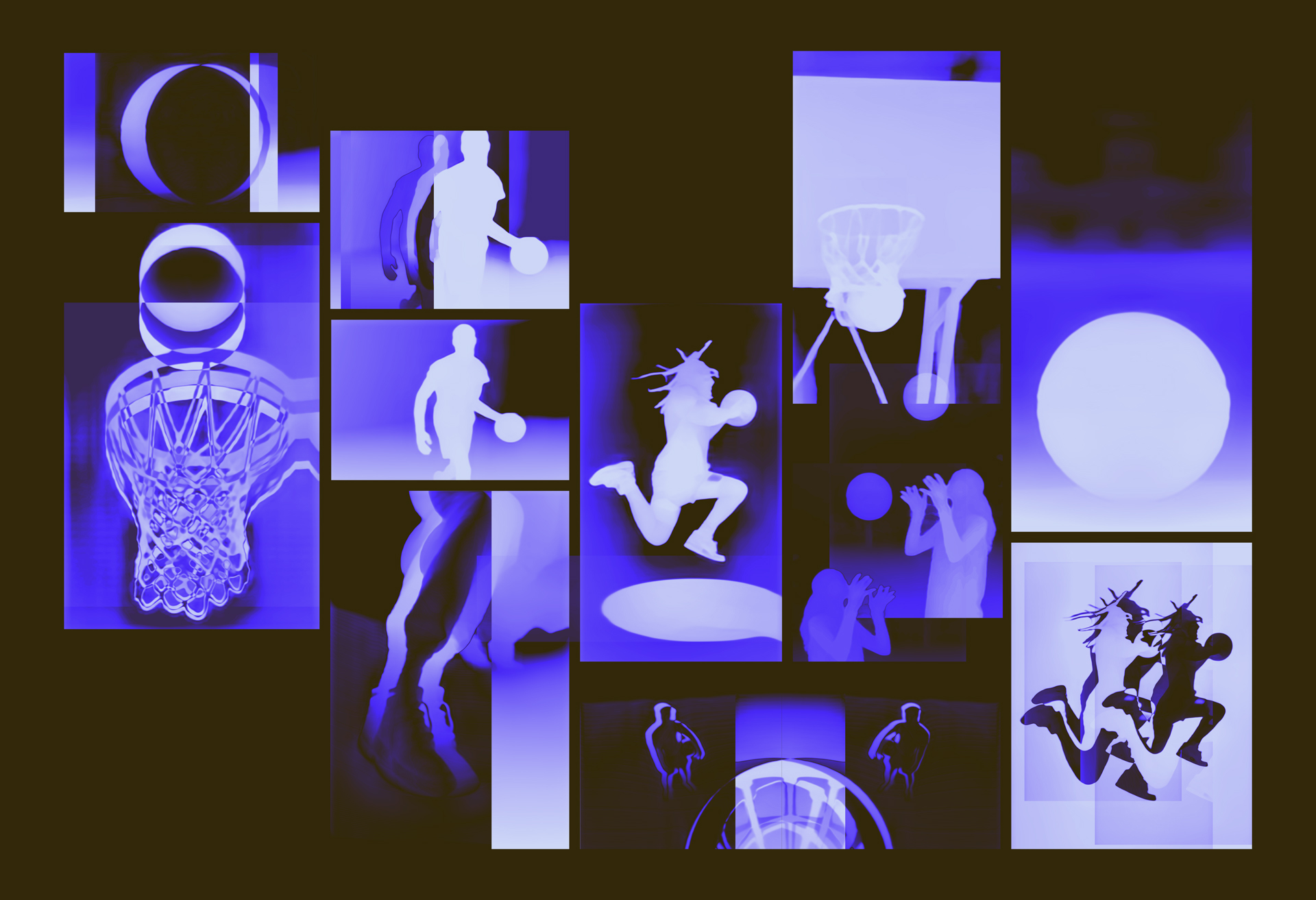 Collage of multiple basketball-themed images focusing on players dribbling, jumping, and shooting, and basketball hoops with balls.