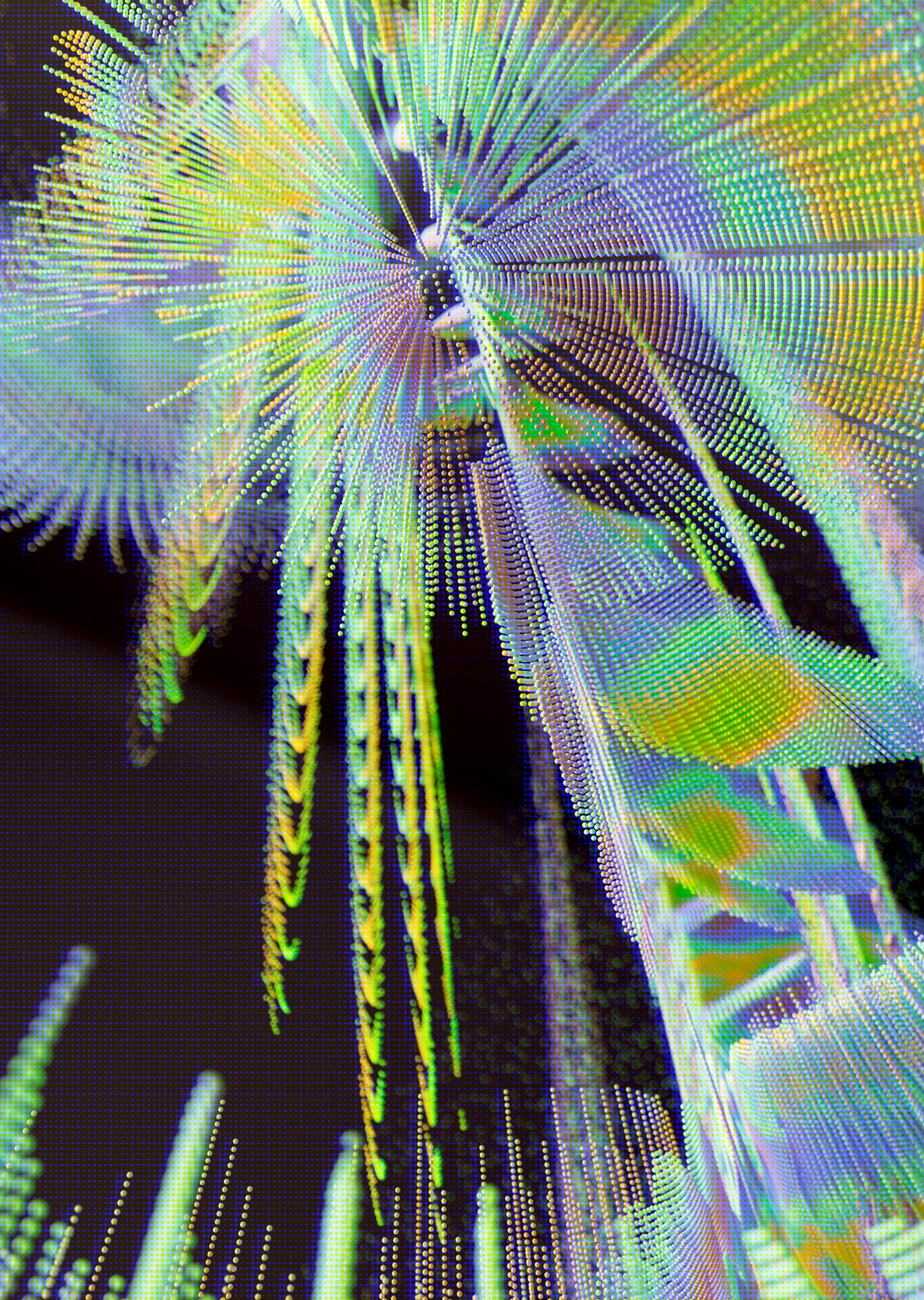 Abstract digital art featuring radiating lines and dots in green, yellow, blue, and purple hues on a dark background.