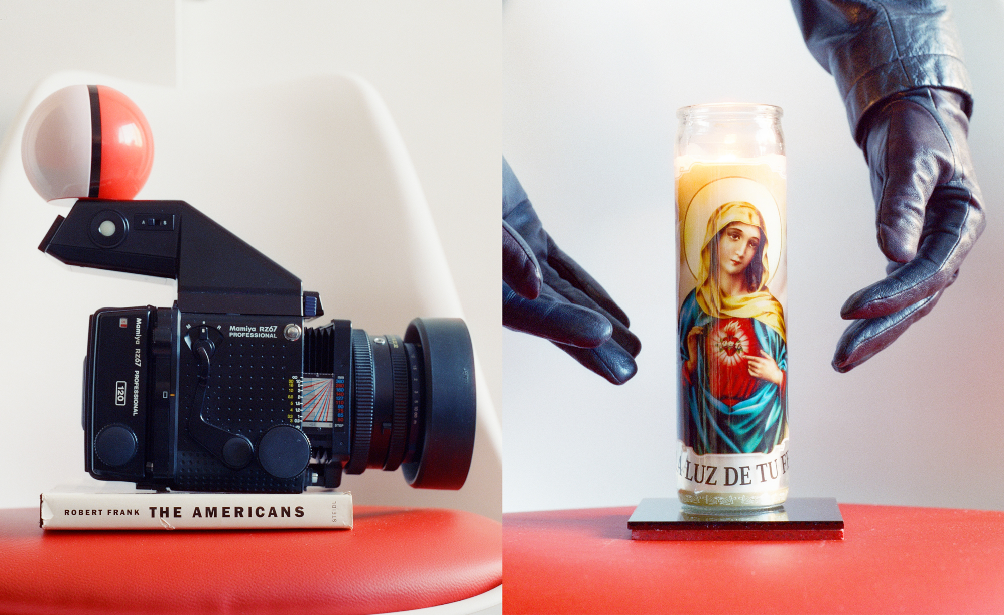Side-by-side image of a Mamiya RZ67 camera on a book and gloved hands around a Virgin Mary candle.