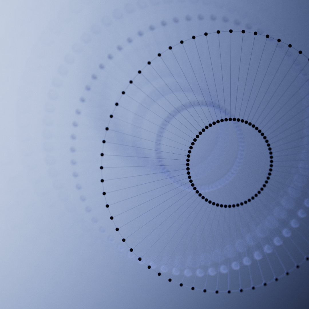 Abstract 3D geometric shape with concentric rings of connected black and white spheres on a blue gradient background.