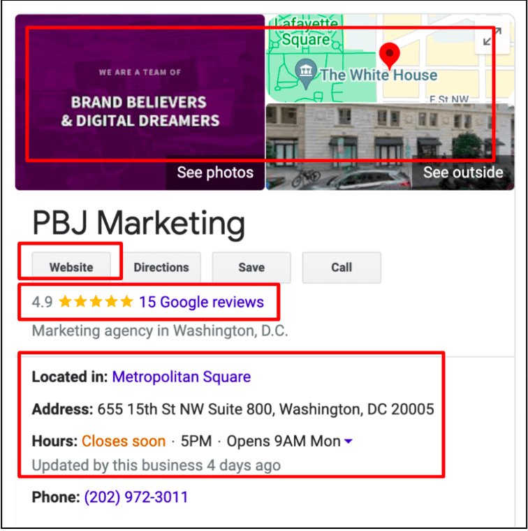 PBJ Marketing Google Business directory with red squares highlighting important elements