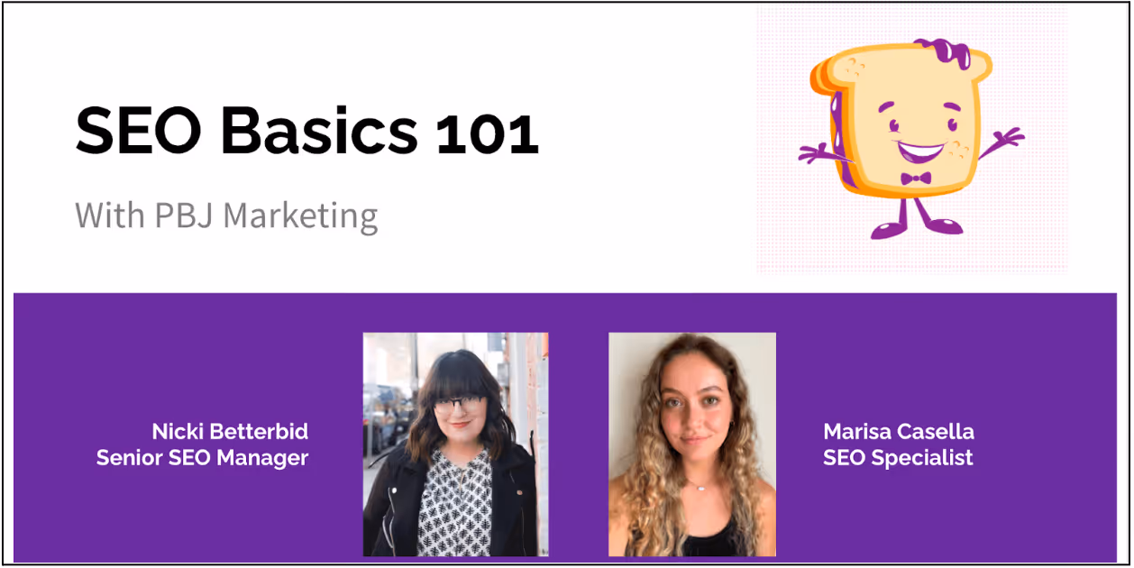 image of cartoon peanut butter and jelly sandwich above image of PBJ Marketing SEO team
