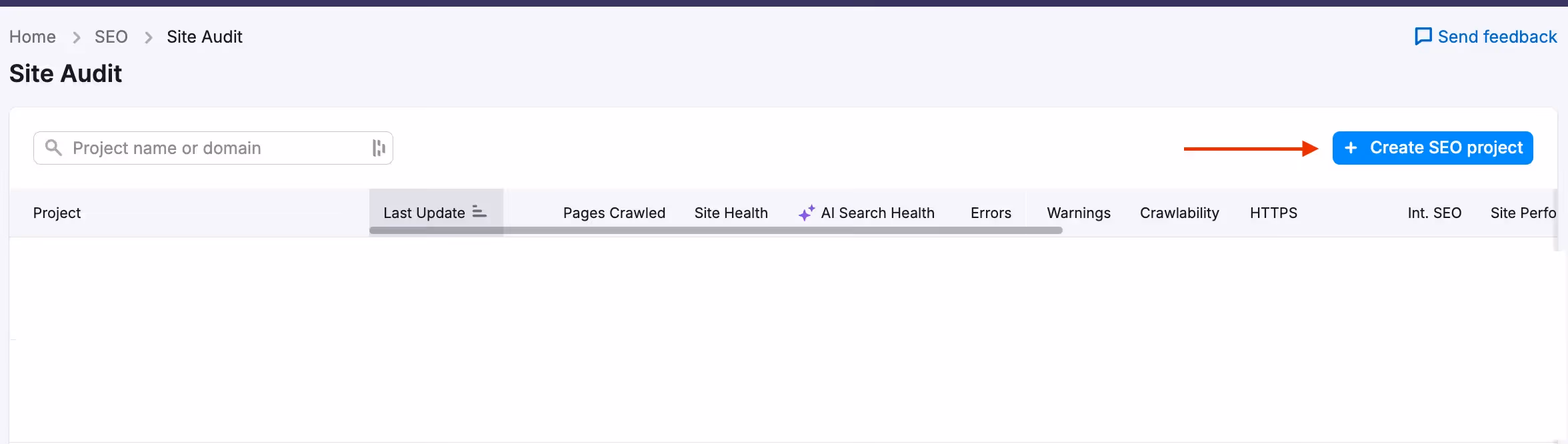 semrush create new seo project option