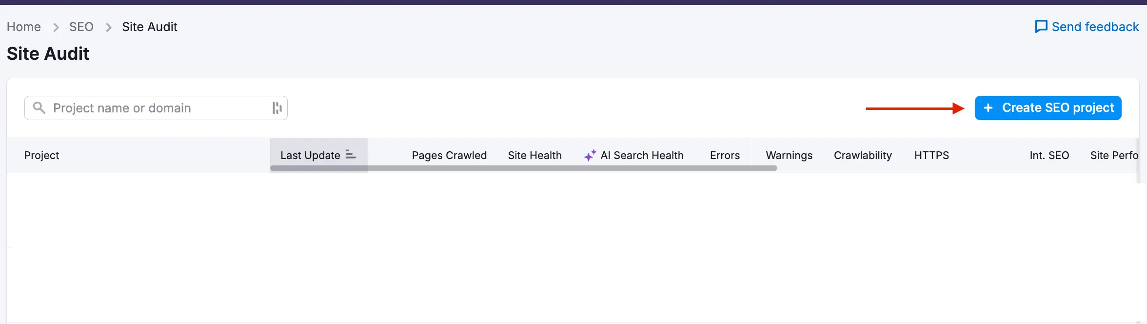 semrush create new seo project option