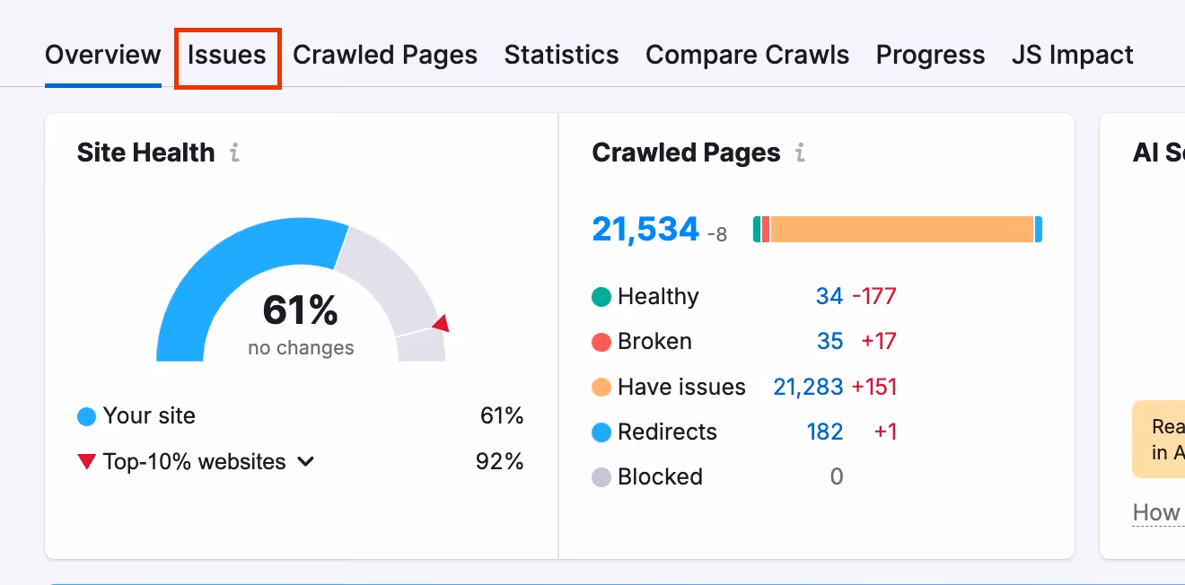 semrush report issues tab