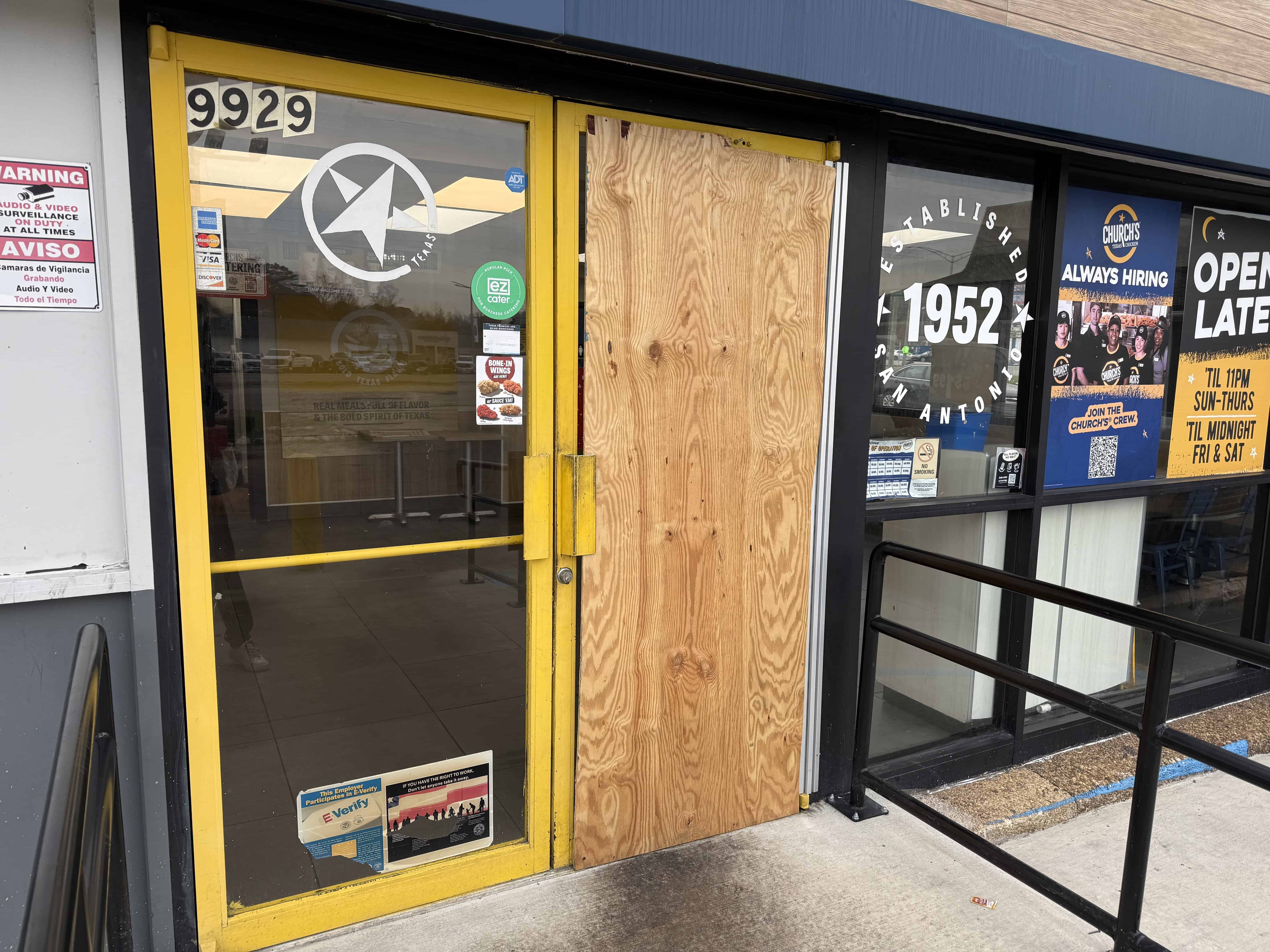 Churches Chicken Center Point, AL broken store front glass