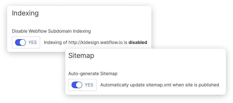 Indexing and SItemap sections of the Webflow settings. Webflow Subdomain Indexing is disabled and Automatic updates to the sitemap.xml when site is published in enabled