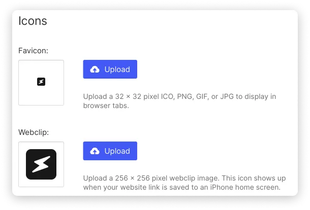 Favicon and webclip in the Webflow General setting for your site