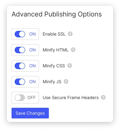 Advanced Publishing Options in Webflow: SSL in enabled, HTML, CSS and JS is minified