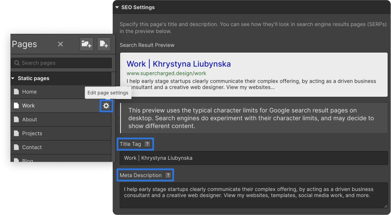 SEO Settings Webflow Title Tag and Meta Description