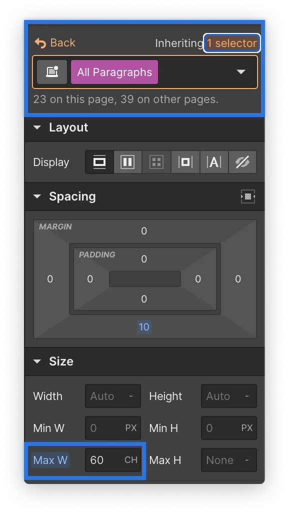 Set up the maximum width for "All Paragraphs" in Webflow by going to the right panel and Size -> Max W -> 45-70 CH