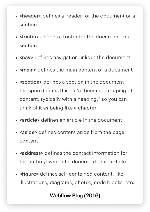 Webflow HTML5 semantic tags