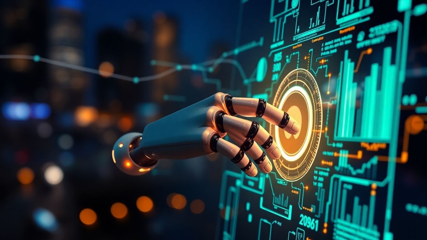 Robotic hand interacting with futuristic trading interface.