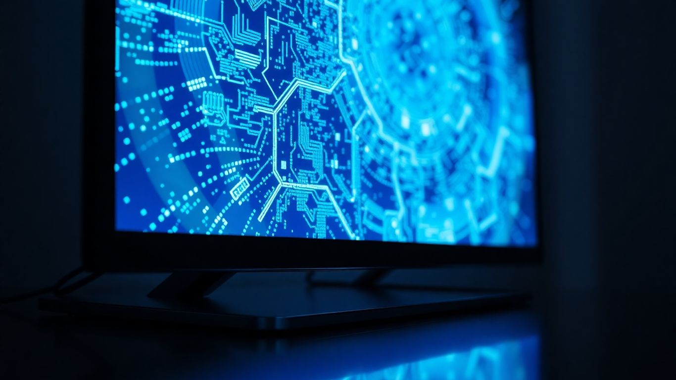 Abstract digital pattern on a glowing computer screen.