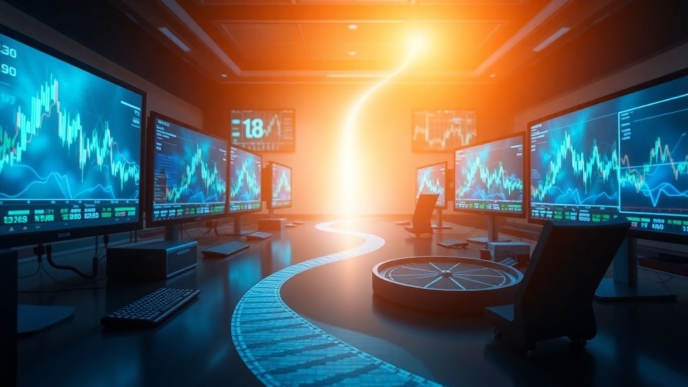 Trading desk with abstract market charts and a compass.