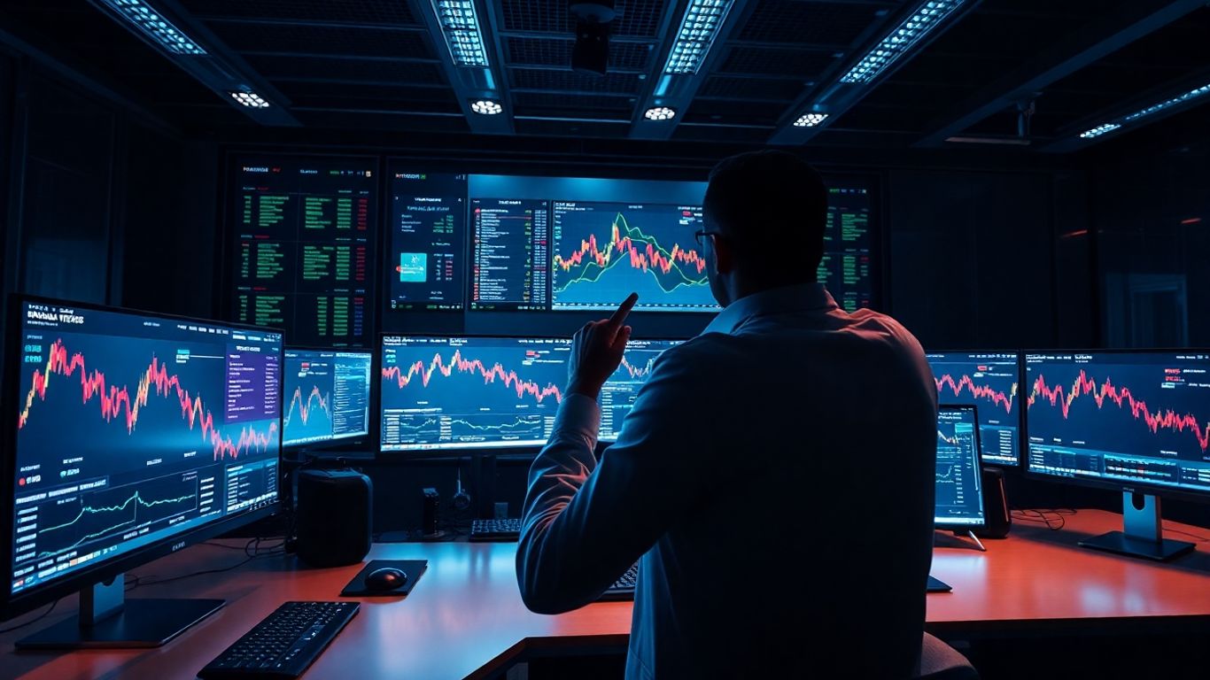 Trading desk with abstract market data visuals.