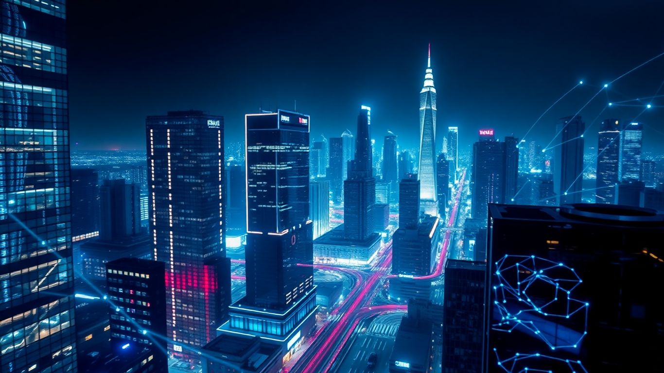 Algorithmic trading cityscape with digital streams.
