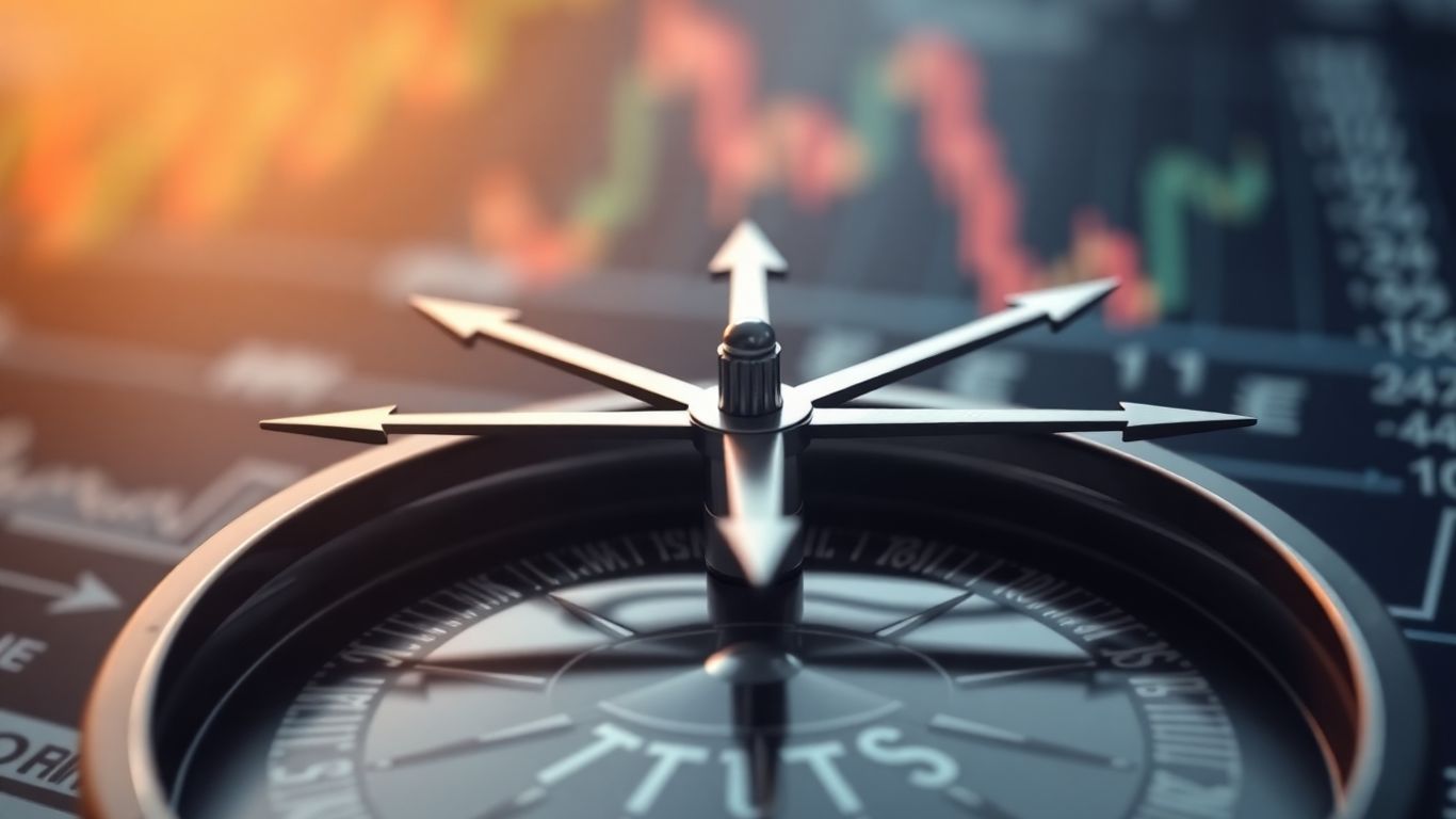 Compass with converging arrows over blurred market background.