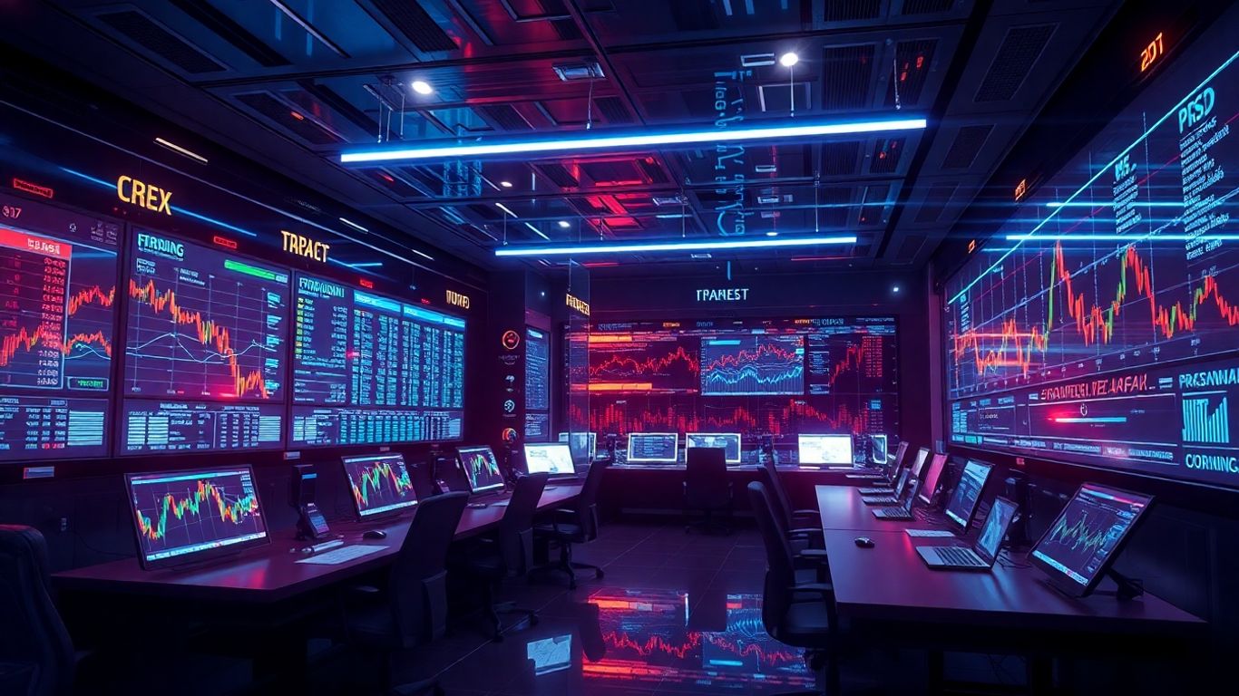 Futuristic trading floor with glowing interfaces and data streams.