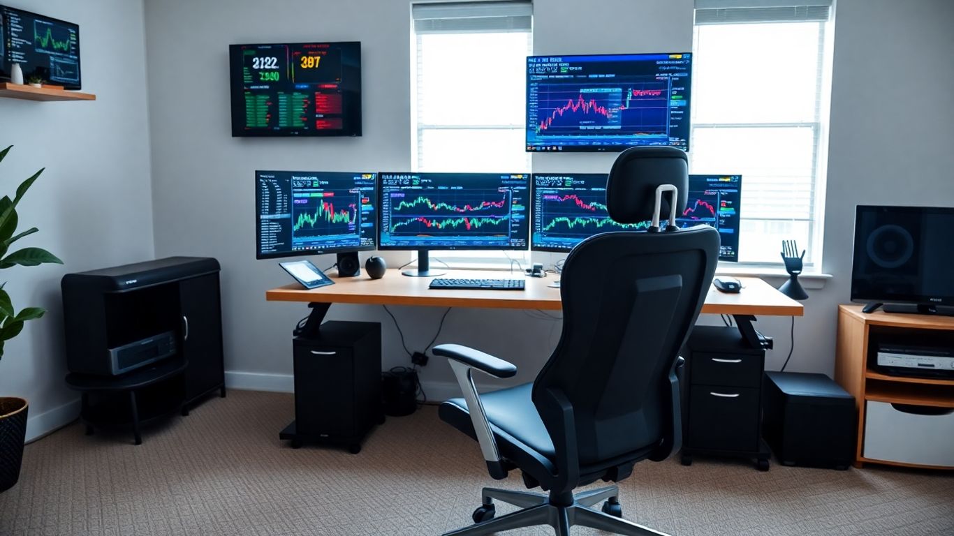 Home trading setup with multiple monitors and desk.