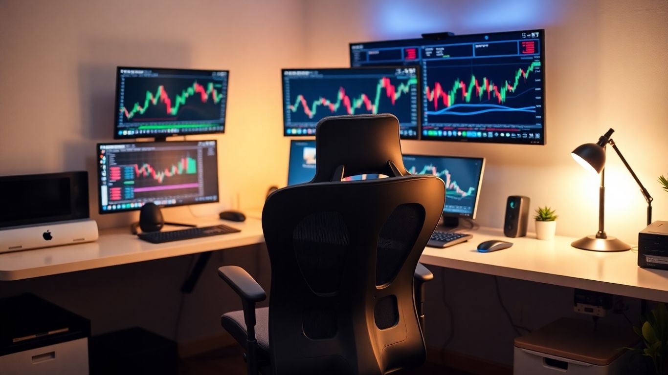 Home trading desk with multiple monitors and computer.