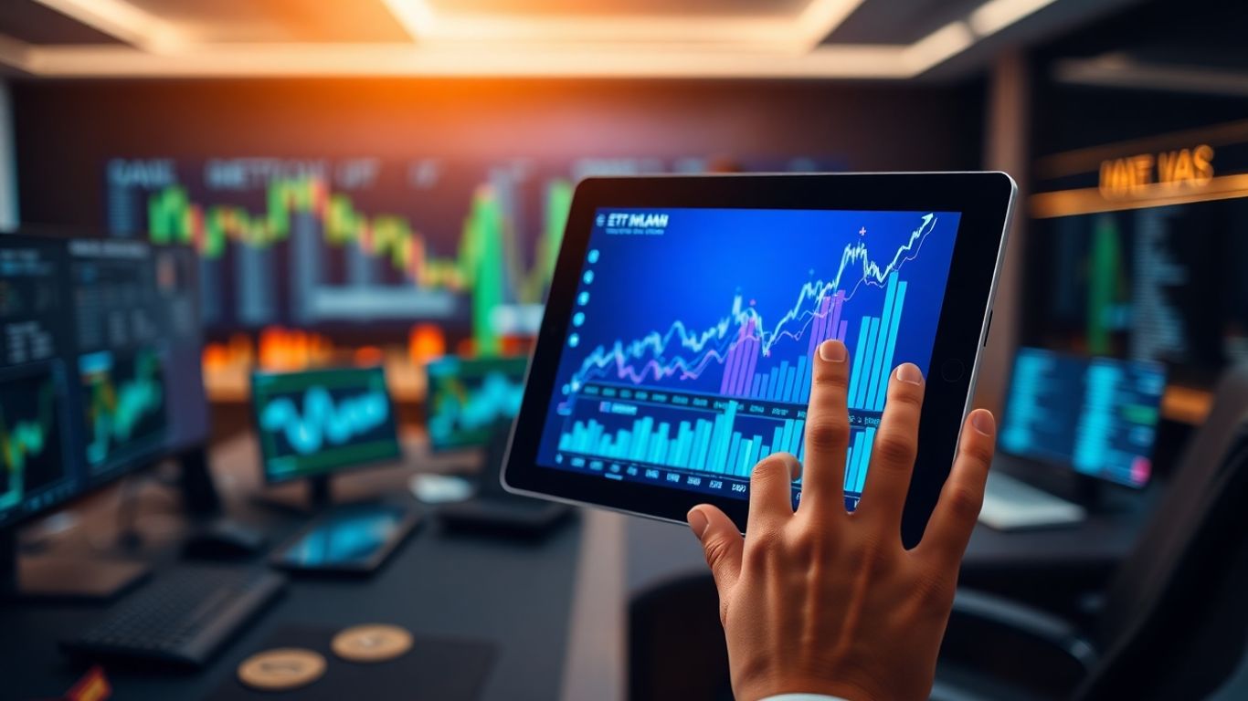 Modern trading desk with financial data on tablet.