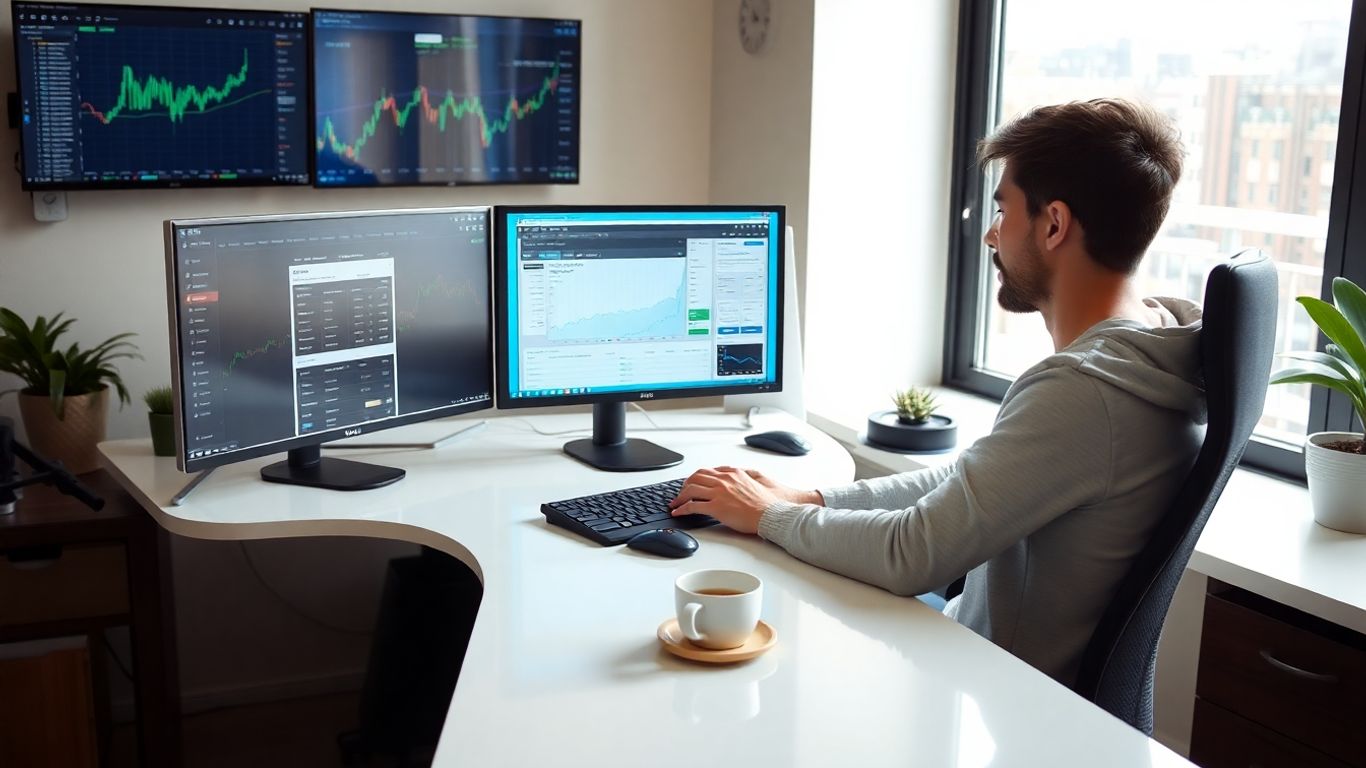 Person trading at modern desk with monitors and coffee